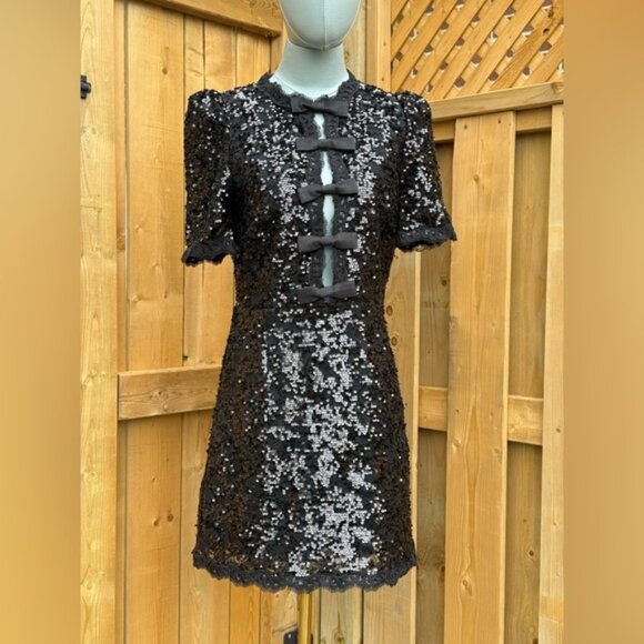 🆕 REBECCA VALLANCE 🧿 NWOT x Nicky Hilton Diana Black Bow Sequin Mini, Sz US 6 - Picture 2 of 16